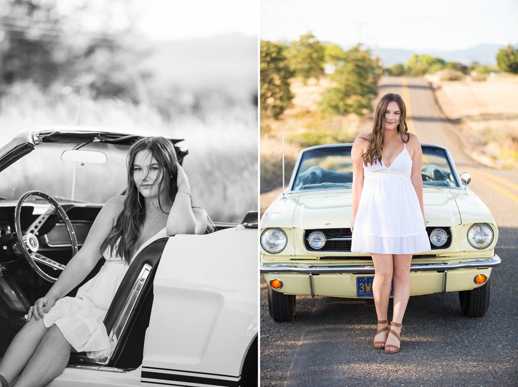 Girl in white dress with vintage yellow car