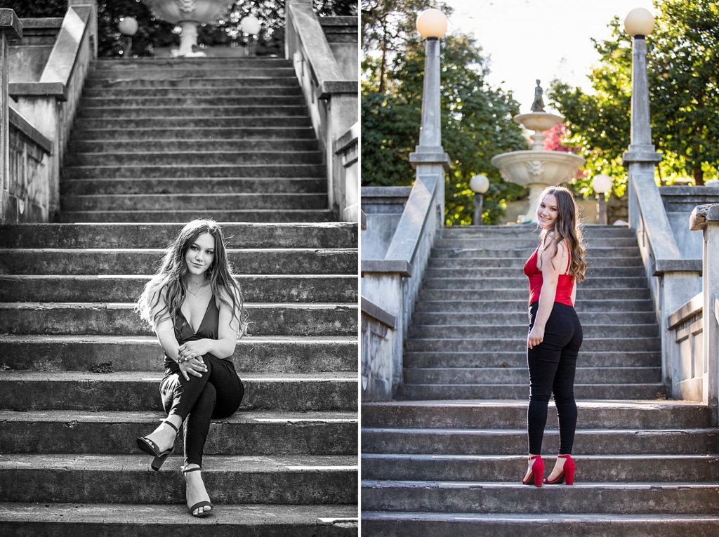 Girl sitting on fountain steps in high heels
