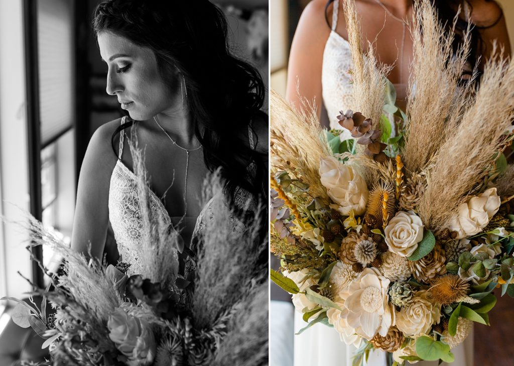 bride with wooden bouquet