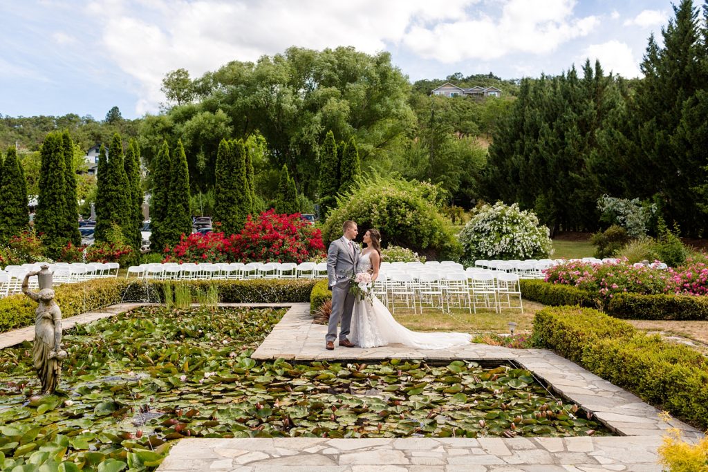 lily pad pond with newlyweds