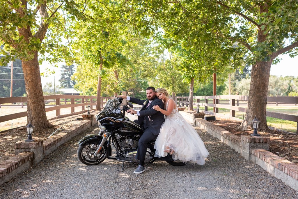 newlyweds on Harley motorcycle