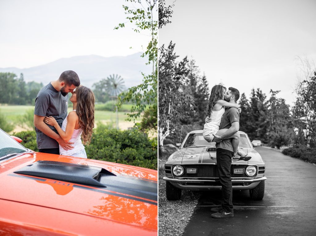 engaged couple with vintage car