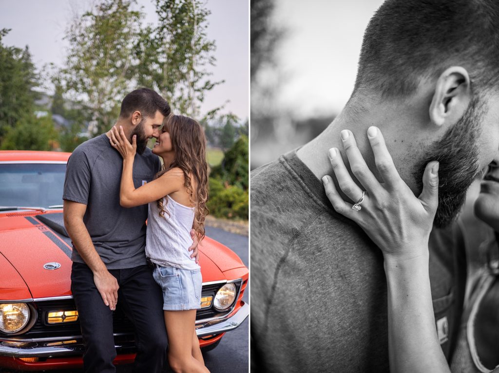 Summer engagement with vintage car