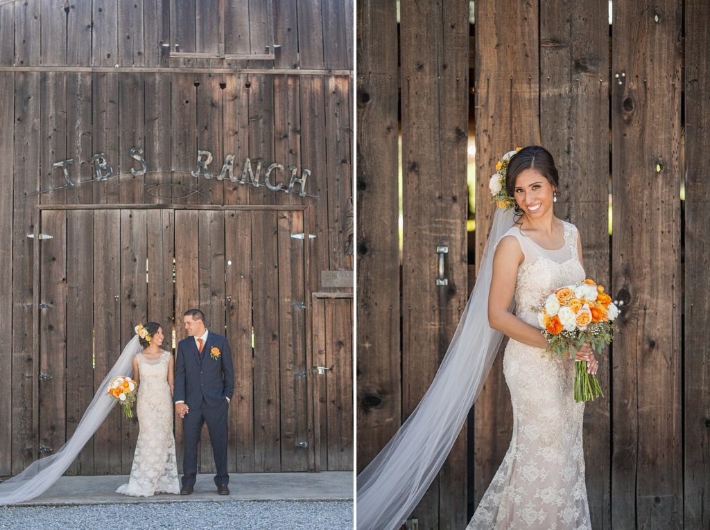 bride with orange bouquet in front of barn