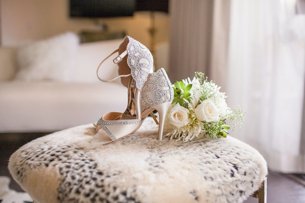 bridal sparkly high heels with white rose bouquet