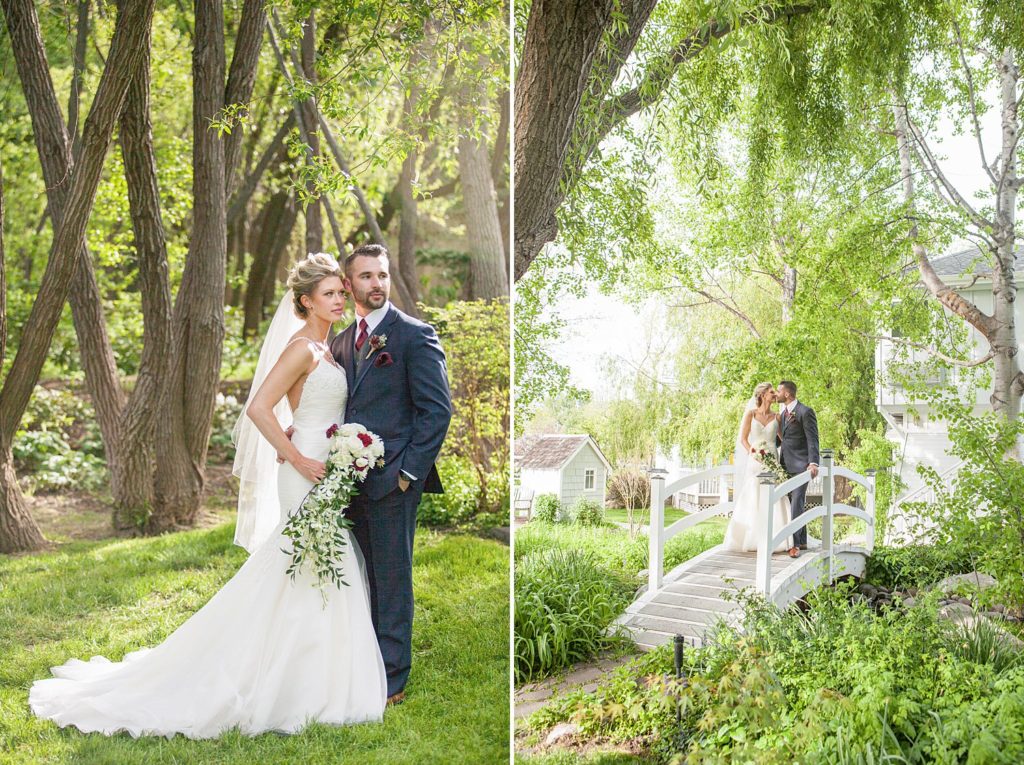 bride and groom in green garden on bridge