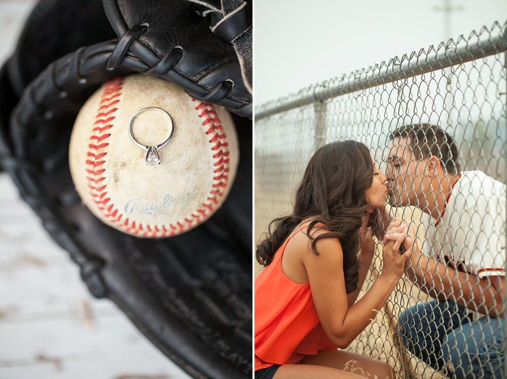 engagement ring on baseball and couple kissing through fence