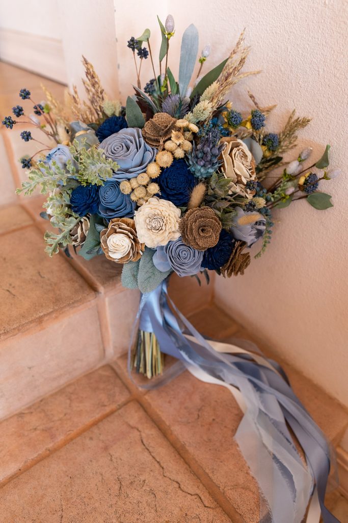 Handmade wooden flower wedding bouquet in blues