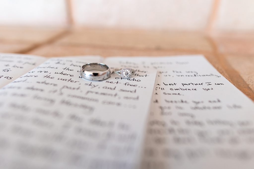 wedding rings on handwritten vow books